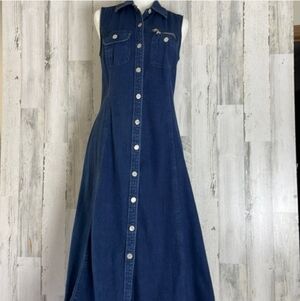 Vintage Jones New York Seeveless Dark Blue Denim Button-Front Maxi Dress S